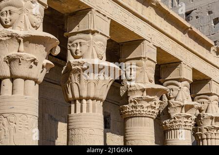 La Maison de naissance, ou Mammisi, avec des sculptures de la tête de la déesse Hathor au sommet des colonnes, dans le Temple d'Isis à Philae Banque D'Images