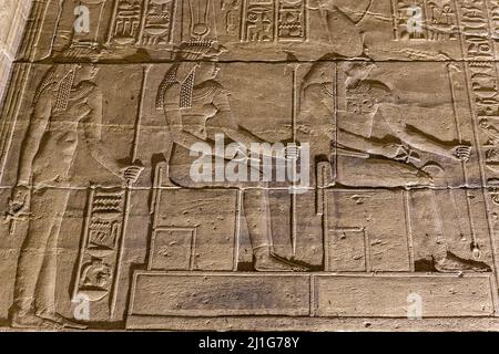 Hathor avec les personnages assis d'Isis et d'Horus dans le Temple d'Isis à Philae Banque D'Images