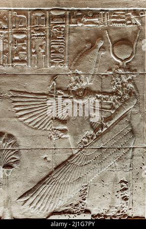 L'EI protège son mari Osiris avec ses ailes étirées, le Temple d'Isis à philae Banque D'Images