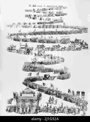 Traduction ENG : ' funérailles des victimes des 22, 23 et 24 février 1848, procession, ' - Original en français : ' funérailles des virés des 22, 23 et 24 février 1848, Cortège, ' - extrait de 'l'Illustration Journal universel' - Revue française illustrée - 1848 Banque D'Images