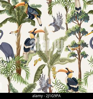 Motif sans couture avec arbres de la jungle et oiseaux tropicaux. Vecteur. Illustration de Vecteur