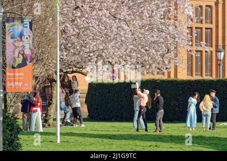 Glasgow, Écosse, Royaume-Uni 25th mars 2022. UK Météo: : Une autre journée ensoleillée a vu l'été comme le temps avec des températures en hausse comme les Chinois profiter du soleil de cerisiers en fleurs en prenant des photos et des arbres embrassant à la grappe à côté du musée kelvingrove et du parc kelvingrove . Crédit Gerard Ferry/Alay Live News Banque D'Images