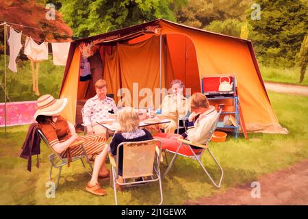 Vacances de camping britannique en 70s Banque D'Images