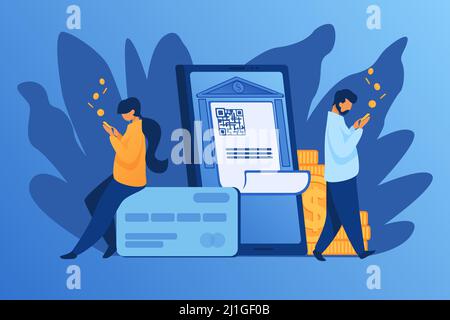 Les gens vérifient l'argent sur les comptes. Personnes, pièces, bâtiment de banque avec illustration de vecteur plat de code qr. Concept de finance pour bannière, conception de site Web ou terrain Illustration de Vecteur