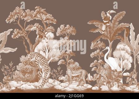 Frontière avec les arbres et les animaux de la jungle. Impression vectorielle monochrome à l'intérieur. Illustration de Vecteur