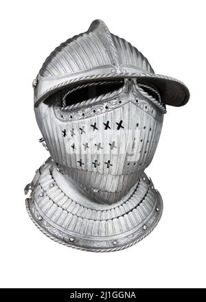 Photo d'époque du burgonet médiéval fermé ca. 1525–30. (Avec masque). Ce casque combine des caractéristiques communes aux burgonets, notamment le projectin Banque D'Images