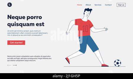 Joueur de football qui donne un coup de pied. Jeune homme jouant au football illustration vectorielle plate. Activité d'été, passe-temps, concept de formation pour bannière, conception de site Web o Illustration de Vecteur