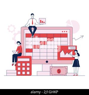 Préparation pour la tenue de livres ou l'illustration vectorielle du rapport annuel. Comptables effectuant des analyses, des calculs et un bilan avec le concept logiciel f Illustration de Vecteur