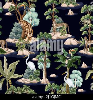 Motif sans couture avec jungle et animaux. Imprimé intérieur vectoriel. Illustration de Vecteur