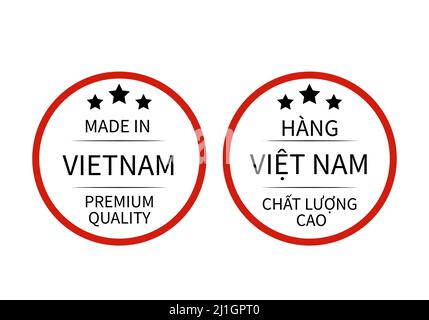 Fabriqués au Vietnam, étiquettes rondes en anglais et en langues vietnamiennes.Icône de vecteur de repère de qualité.Idéal pour le logo, les étiquettes, les badges, les autocollants et l'emblème Illustration de Vecteur