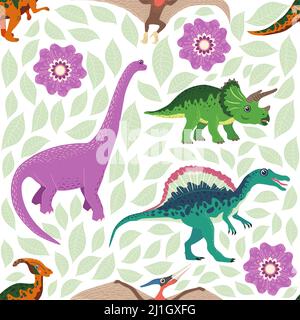 Motif sans couture dessiné à la main avec des dinosaures et des feuilles et des fleurs tropicales.Parfait pour le tissu, le textile, le papier peint pour bébé.Joli motif dinosaure. Illustration de Vecteur
