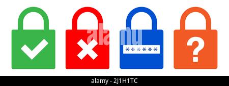 Icône de cadenas verrouillé avec différents signes et couleurs, isolée sur fond blanc. Ensemble vectoriel de symboles de verrouillage de sécurité. Illustration de Vecteur