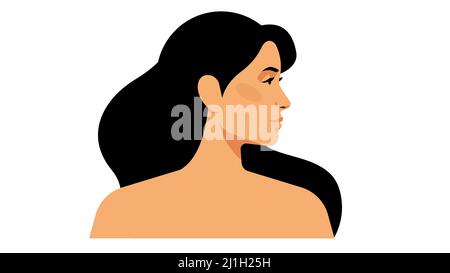 Belle femme lumineuse avec de longs cheveux, une peau parfaite. Belle, jeune femme, vue latérale. Tête et épaules. Portrait de femme en gros plan dans un vecteur moderne Illustration de Vecteur
