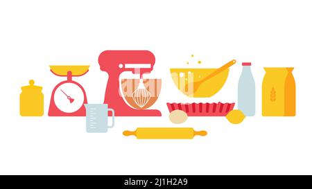 Outils de cuisine, ustensiles de cuisine - tasses, bols, rollPIN, balances, bol, mélangeur et autres. Ensemble de produits à cuire - farine, lait, oeufs, pâte. Moderne il Illustration de Vecteur