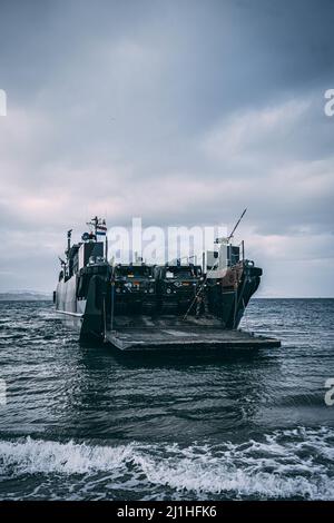 Un Marinier de Korps avec le Royal Netherlands Marine corps se prépare à guider les Marines des États-Unis avec 3rd Bataillon, 6th Marine Regiment, 2nd Marine Division, décharger BV206 véhicules de terrain à chenilles d'un utilitaire néerlandais d'embarcation d'atterrissage (LCU) pendant l'exercice Cold Response 22 à Sandstrand, Norvège, le 21 mars 2022. L'exercice Cold Response 22 est un exercice biennal de préparation nationale et de défense de la Norvège, avec la participation de chacun de ses services militaires, dont 26 pays alliés de l'Organisation du Traité de l'Atlantique Nord (OTAN) et partenaires régionaux. (É.-U. Pho. Corps marin Banque D'Images