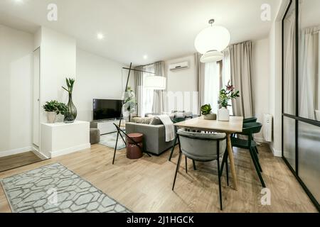 Salle à manger avec table en bois, cloison en acier et en verre, canapés et tv dans un appareil et plantes décoratives Banque D'Images