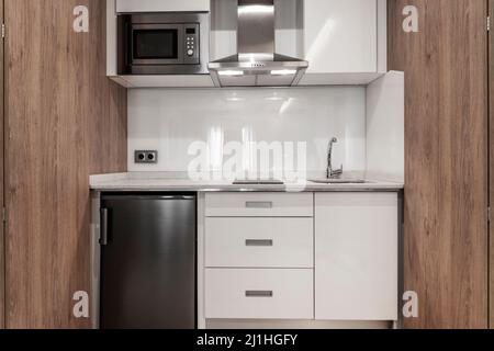 Photo d'une façade de cuisine avec portes en bois et un petit réfrigérateur gris brillant. Banque D'Images