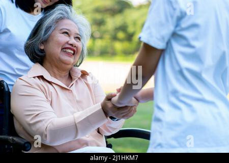 Heureuse grand-mère asiatique âgée en fauteuil roulant avec sa fille et son petit-enfant dans le parc, petit-fils est venu rendre visite à la grand-mère âgée et tenir la main. Conce Banque D'Images