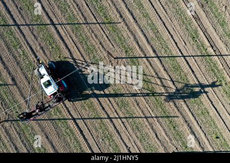 Tettnang, Allemagne. 24th mars 2022. Les ouvriers de récolte de Ludwig Locher, éleveur de houblon, fixent des fils aux cordes de raccordement dans un champ de houblon pour que les houblon puissent les pousser. Le manque de pluie a asséché le sol. Photographie prise par drone (pour dpa 'l'espoir de Corona et les soucis de guerre parmi les fermiers de houblon dans le sud-ouest') Credit: Felix Kästle/dpa/Alay Live News Banque D'Images