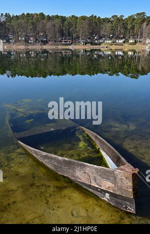 Schernsdorf, Allemagne. 24th mars 2022. Vue sur le Schervenzsee dans le parc naturel Schlaubetal sur les petites cabanes sur la zone du camping.(à dpa: 'Shillettes Glück, trauter Campingplatz - Saison startet') Credit: Patrick Pleul/dpa-Zentralbild/dpa/Alamy Live News Banque D'Images