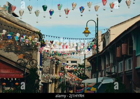 Famous streets of Penang Malaysia decorated in paper lanterns Stock Photo