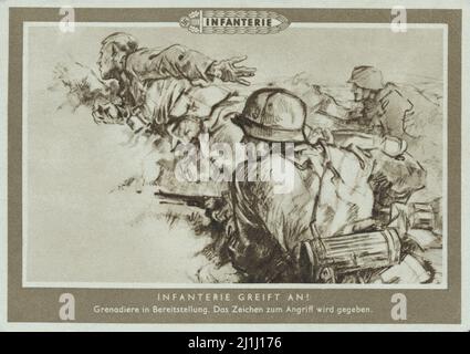 Carte postale de la propoganda nazie. L'infanterie allemande attaque ! Grenadiers en déploiement. Le signe de l'attaque est donné. 1939-1944 Banque D'Images