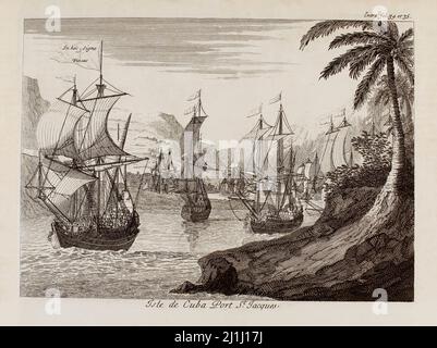 Gravure du 18th siècle de l'île de Cuba, port Saint-Jacques. Par Jan Karel Donatus Van Beecq (1638-1722) de l'Histoire de la conquête du Mexique ou du Nouveau Banque D'Images