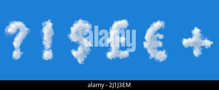 jeu de lettres blanches en nuages sur fond bleu, 3d caractères alphabétiques, illustration, signes de ponctuation Banque D'Images