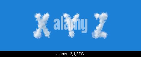 jeu de lettres blanches en nuages sur fond bleu, 3d caractères alphabétiques, illustration Banque D'Images