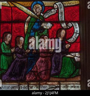 Conservé dans des vitraux de la Renaissance : membres féminins de la famille française du 16th siècle donateurs d'une fenêtre de la passion du Christ à l'Église Saint-Rémi à Ceffonds, village de haute-Marne en Champagne, représenté à genoux dans la prière avec Saint Helen. Banque D'Images