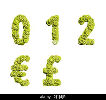 3d alphabet, ensemble de nombres faits de kiwis, 3d illustration sur fond blanc, six sept huit neuf zéro deux trois quatre cinq deux un Banque D'Images