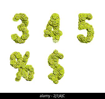3d alphabet, ensemble de nombres faits de kiwis, 3d illustration sur fond blanc, six sept huit neuf zéro deux trois quatre cinq deux un Banque D'Images