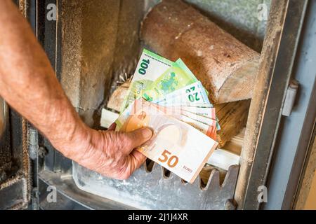 Ancien retraité tenant des billets en main devant un poêle à bois avec du bois dans l'appartement, Allemagne Banque D'Images