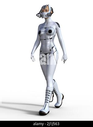 robot femme marchant, 3d illustration sur fond blanc Banque D'Images