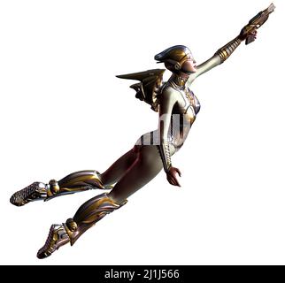 femme futuriste en saut, volant avec un jetpack, armé de fusils, illustration 3d Banque D'Images