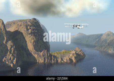 paysage avec de grandes îles et des montagnes, un biplan survole la côte, 3d illustration Banque D'Images