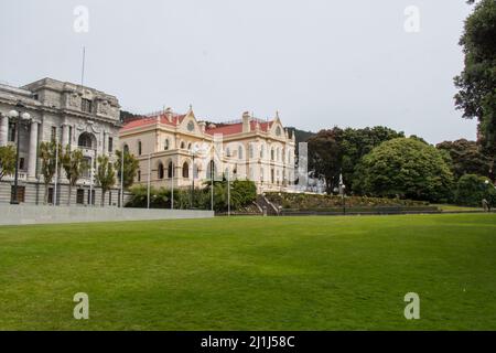 Nouvelle-Zélande, Wellington - janvier 10 2020 : vue de face des édifices du Parlement et de la bibliothèque parlementaire de la Nouvelle-Zélande le 10 2020 janvier à Wellington, Banque D'Images