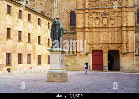 Vue sur la statue et l'universidad de Salamanque, Espagne Banque D'Images