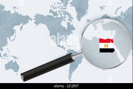 Carte agrandie de l'Égypte sur la carte du monde centrée sur l'Amérique. Carte agrandie et drapeau de l'Égypte. Modèle vectoriel. Illustration de Vecteur