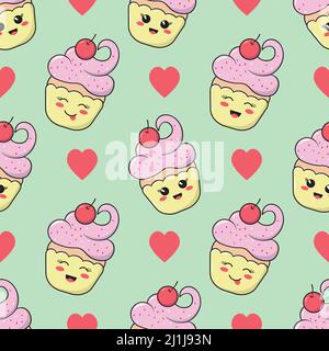 Motif vectoriel sans couture avec petits gâteaux kawaii et petits coeurs rouges sur fond de menthe. Joli dessin animé coloré muffins Vector Pattern. Illustration de Vecteur