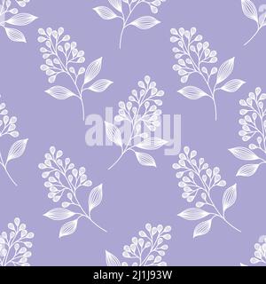 Motif vectoriel sans couture avec de jolies branches en forme de Doodle sur fond violet. Motif de branches florales esquissées à la main avec feuilles et fleurs Doodle. Illustration de Vecteur