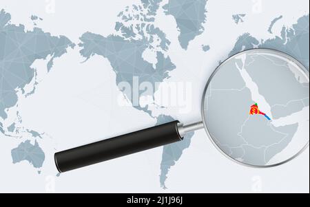 Carte élargie de l'Érythrée sur la carte du monde centrée sur l'Amérique. Carte agrandie et drapeau de l'Érythrée. Modèle vectoriel. Illustration de Vecteur