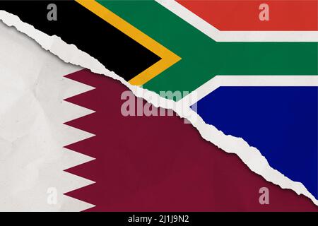 L'Afrique du Sud et le drapeau du Qatar ont déchiré le papier grunge arrière-plan. Résumé l'Afrique du Sud et le Qatar économie, les conflits politiques, le concept de guerre texture backgro Banque D'Images