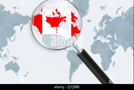 Carte agrandie du Canada sur la carte du monde centrée sur l'Amérique. Carte agrandie et drapeau du Canada. Modèle vectoriel. Illustration de Vecteur