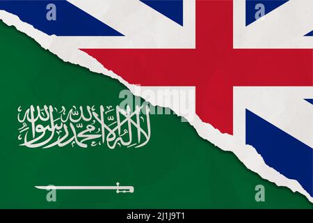 Le drapeau du Royaume-Uni et de l'Arabie Saoudite a déchiré le papier de fond grunge. Résumé Royaume-Uni et Arabie Saoudite économie, conflits politiques Banque D'Images