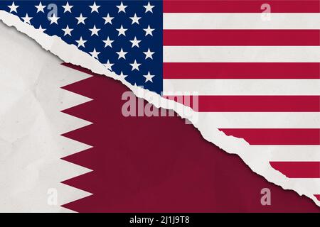 Drapeau des États-Unis et du Qatar papier déchiré grunge arrière-plan. Résumé économie des États-Unis et du Qatar, conflits politiques, concept de guerre Banque D'Images