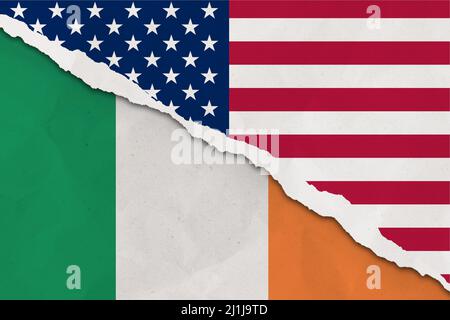 Etats-Unis et Irlande drapeau papier déchiré grunge fond. Résumé économie des États-Unis et de l'Irlande, conflits politiques, concept de guerre Banque D'Images