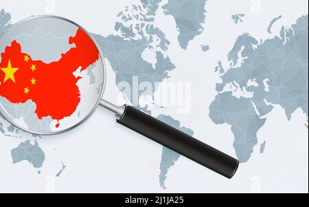 Carte agrandie de la Chine sur la carte du monde centrée sur l'Amérique. Carte agrandie et drapeau de la Chine. Modèle vectoriel. Illustration de Vecteur