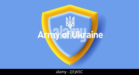 bouclier 3D avec texte trident et Army of Ukraine en bleu et jaune Illustration de Vecteur