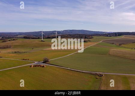 Paysage rural avec deux éoliennes prises de l'air Banque D'Images